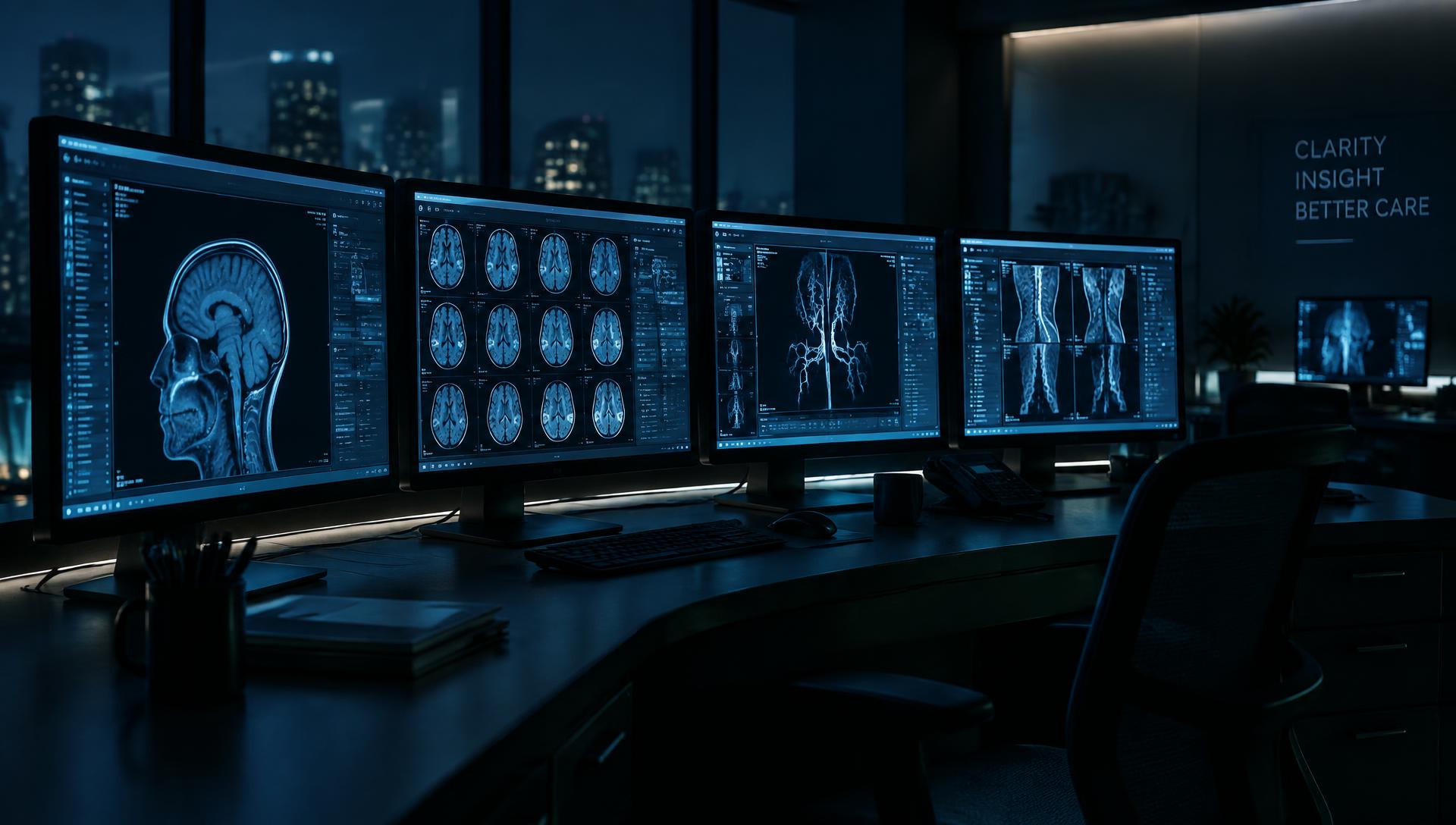 Diagnostic reading room with MRI studies displayed across multiple monitors